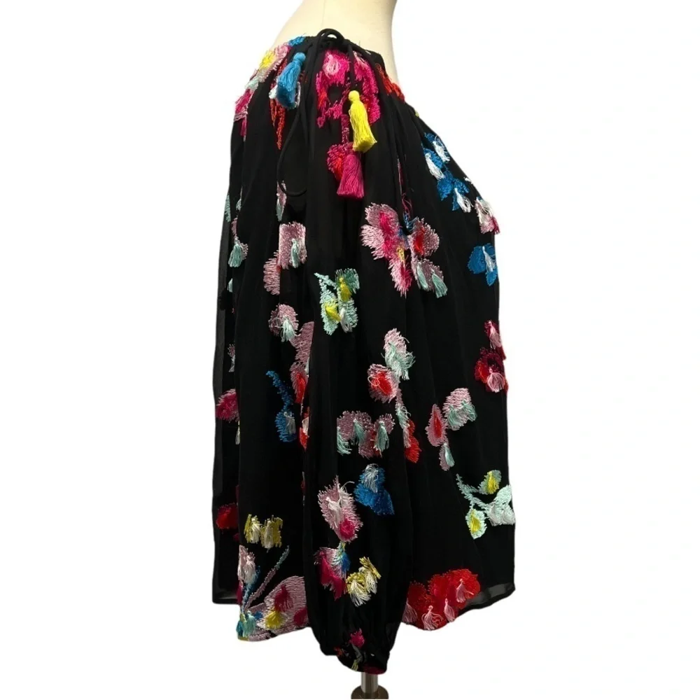 Tanya Taylor Georgette Tessa Black Silk Floral Embroidered Tassel Accent Top 8 - Picture 10 of 14